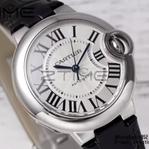 CARTIER Ballon Bleu 33mm SS AF 1:1 Best Edition Silver Dial on Black Leather Strap SEIKO NH05A - Super Clone Watch | 1:1 Best Version
