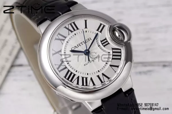 CARTIER Ballon Bleu 33mm SS AF 1:1 Best Edition Silver Dial on Black Leather Strap SEIKO NH05A - Super Clone Watch | 1:1 Best Version