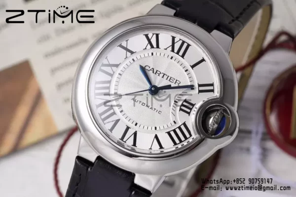 CARTIER Ballon Bleu 33mm SS AF 1:1 Best Edition Silver Dial on Black Leather Strap SEIKO NH05A - Super Clone Watch | 1:1 Best Version
