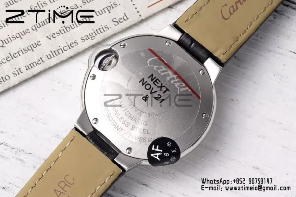 CARTIER Ballon Bleu 33mm SS AF 1:1 Best Edition Silver Dial on Black Leather Strap SEIKO NH05A - Super Clone Watch | 1:1 Best Version