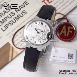 CARTIER Ballon Bleu 33mm SS AF 1:1 Best Edition Silver Diamonds Dial on Black Leather Strap SEIKO NH05A - Super Clone Watch | 1:1 Best Version