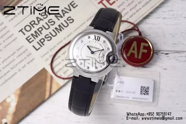 CARTIER Ballon Bleu 33mm SS AF 1:1 Best Edition Silver Diamonds Dial on Black Leather Strap SEIKO NH05A - Super Clone Watch | 1:1 Best Version