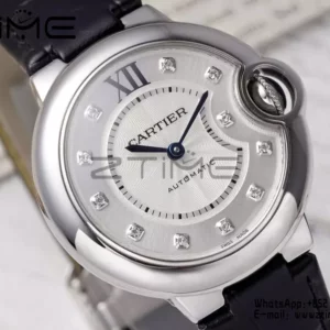 CARTIER Ballon Bleu 33mm SS AF 1:1 Best Edition Silver Diamonds Dial on Black Leather Strap SEIKO NH05A - Super Clone Watch | 1:1 Best Version