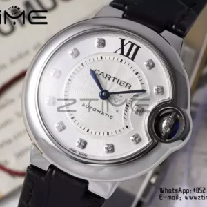 CARTIER Ballon Bleu 33mm SS AF 1:1 Best Edition Silver Diamonds Dial on Black Leather Strap SEIKO NH05A - Super Clone Watch | 1:1 Best Version