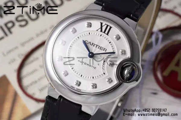 CARTIER Ballon Bleu 33mm SS AF 1:1 Best Edition Silver Diamonds Dial on Black Leather Strap SEIKO NH05A - Super Clone Watch | 1:1 Best Version