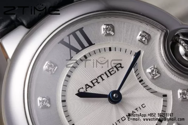 CARTIER Ballon Bleu 33mm SS AF 1:1 Best Edition Silver Diamonds Dial on Black Leather Strap SEIKO NH05A - Super Clone Watch | 1:1 Best Version