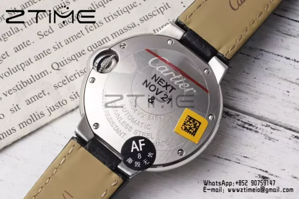 CARTIER Ballon Bleu 33mm SS AF 1:1 Best Edition Silver Diamonds Dial on Black Leather Strap SEIKO NH05A - Super Clone Watch | 1:1 Best Version