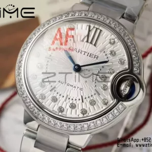 CARTIER Ballon Bleu 33mm SS AF 1:1 Best Edition Silver Textured Diamonds Dial on SS Bracelet SEIKO NH05A - Super Clone Watch | 1:1 Best Version