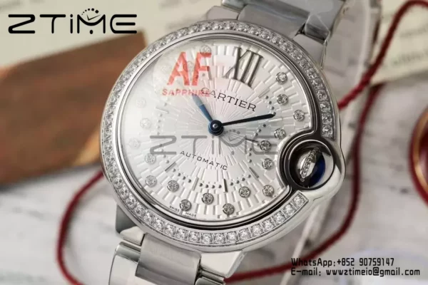 CARTIER Ballon Bleu 33mm SS AF 1:1 Best Edition Silver Textured Diamonds Dial on SS Bracelet SEIKO NH05A - Super Clone Watch | 1:1 Best Version