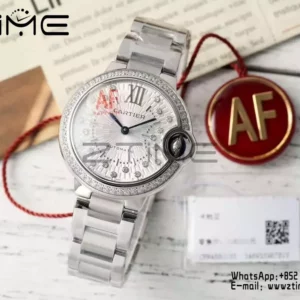 CARTIER Ballon Bleu 33mm SS AF 1:1 Best Edition Silver Textured Diamonds Dial on SS Bracelet SEIKO NH05A - Super Clone Watch | 1:1 Best Version