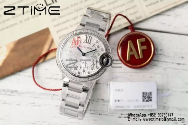 CARTIER Ballon Bleu 33mm SS AF 1:1 Best Edition Silver Textured Diamonds Dial on SS Bracelet SEIKO NH05A - Super Clone Watch | 1:1 Best Version