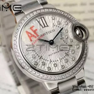 CARTIER Ballon Bleu 33mm SS AF 1:1 Best Edition Silver Textured Diamonds Dial on SS Bracelet SEIKO NH05A - Super Clone Watch | 1:1 Best Version