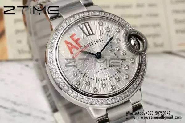 CARTIER Ballon Bleu 33mm SS AF 1:1 Best Edition Silver Textured Diamonds Dial on SS Bracelet SEIKO NH05A - Super Clone Watch | 1:1 Best Version