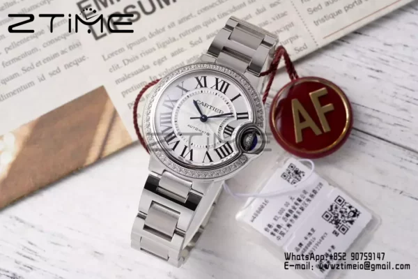 CARTIER Ballon Bleu 33mm SS AF 1:1 Best Edition White Dial Diamonds Bezel on SS Bracelet SEIKO NH05A - Super Clone Watch | 1:1 Best Version