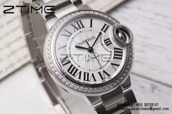 CARTIER Ballon Bleu 33mm SS AF 1:1 Best Edition White Dial Diamonds Bezel on SS Bracelet SEIKO NH05A - Super Clone Watch | 1:1 Best Version