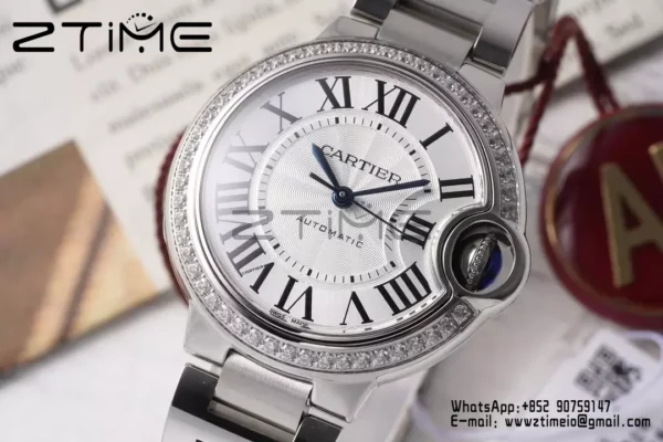 CARTIER Ballon Bleu 33mm SS AF 1:1 Best Edition White Dial Diamonds Bezel on SS Bracelet SEIKO NH05A - Super Clone Watch | 1:1 Best Version