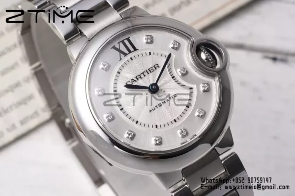 カルティエ バロンブルー 33mm SS AF 1:1 ベストエディション ホワイトダイヤモンドダイヤル SSブレスレット SEIKO NH05A - スーパークローンウォッチ｜1:1 ベストバージョン