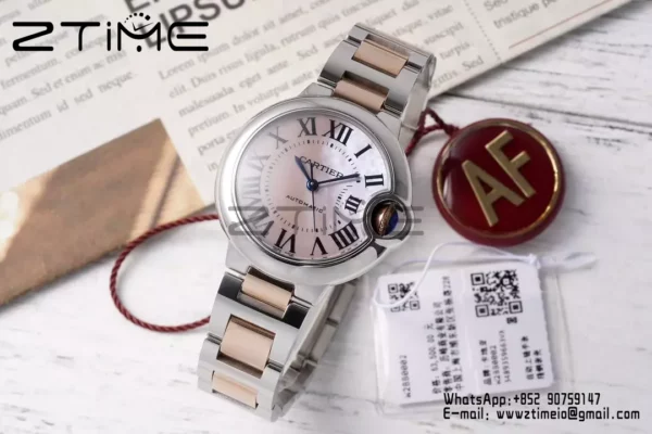 CARTIER Ballon Bleu 33mm SS/RG AF 1:1 Best Edition Pink MOP Dial on SS/RG rannekoru SEIKO NH05A - Super Clone Watch | 1:1 Paras versio