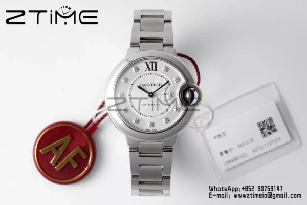 Cartier Ballon Bleu WSBB0021 33mm SS AF Factory 1:1 Best Edition white Dial on SS Bracelet A076 - Super Clone Watch | 1:1 Best Version
