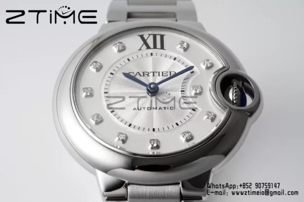 Cartier Ballon Bleu WSBB0021 33mm SS AF Factory 1:1 Best Edition white Dial on SS Bracelet A076 - Super Clone Watch | 1:1 Best Version