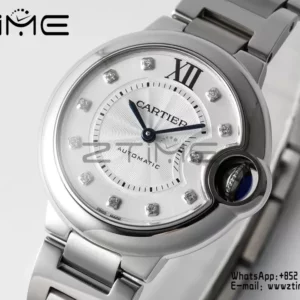 Cartier Ballon Bleu WSBB0021 33mm SS AF Factory 1:1 Best Edition white Dial on SS Bracelet A076 - Super Clone Watch | 1:1 Best Version