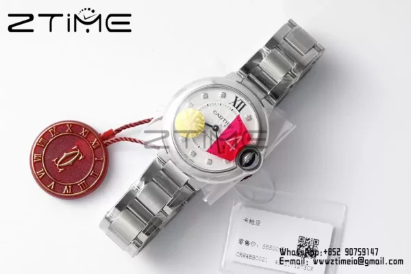 Cartier Ballon Bleu WSBB0021 33mm SS AF Factory 1:1 Best Edition white Dial on SS Bracelet A076 - Super Clone Watch | 1:1 Best Version