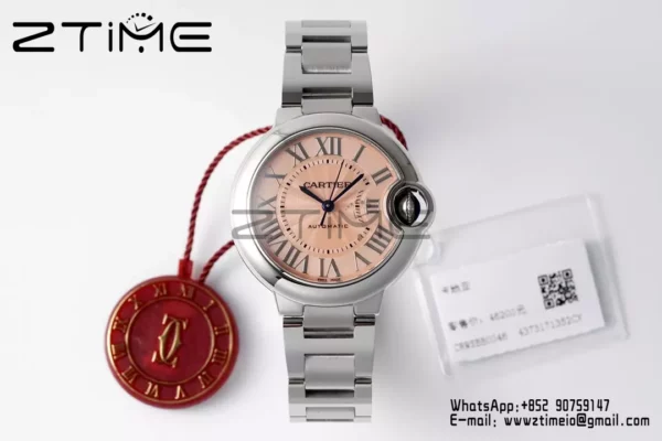 Cartier Ballon Bleu WSBB0046 33mm SS AF Factory 1:1 Best Edition Pink Dial on SS Bracelet A076 - Super Clone Watch | 1:1 Best Version