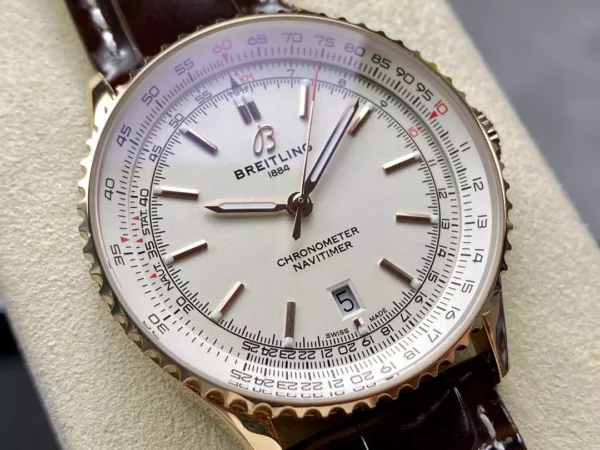 Breitling Navitimer Automatic 41mm RG BLSF White Dial on Brown Leather Strap A2824 V2 - Super Clone Watch | 1:1 Best Version