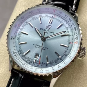 Breitling Navitimer Automatik 41mm SS BLSF Eisblaues Zifferblatt auf schwarzem Lederband A2824 V2 - Super Clone Watch | 1:1 Best Version