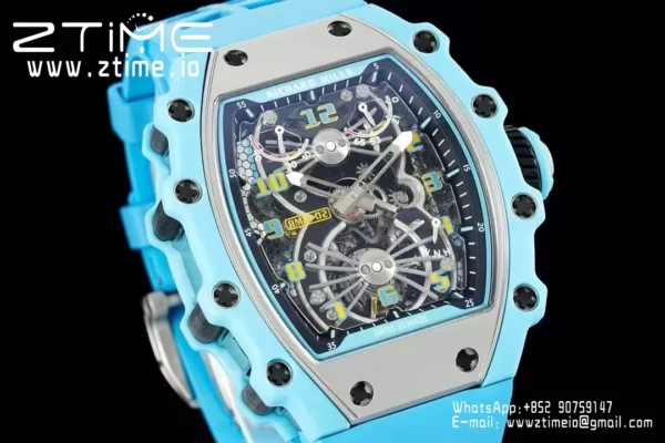 RICHARD MILLE RM21-02 Tourbillon Blue Quartz Fiber  RMF Best Edition on Blue Rubber Strap - Super Clone Watch | 1:1 Best Version