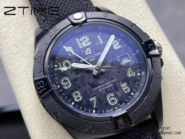 Breitling Avenger Automatic GMT 44 BLS Factory 1:1 Best Edition Black Dial Black Nylon Strap - Super Clone Watch | 1:1 Best Version
