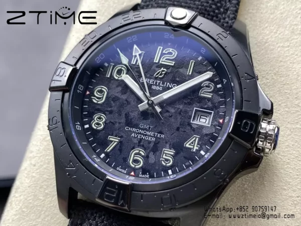 Breitling Avenger Automatic GMT 44 BLS Factory 1:1 Best Edition Black Dial Black Nylon Strap - Super Clone Watch | 1:1 Best Version