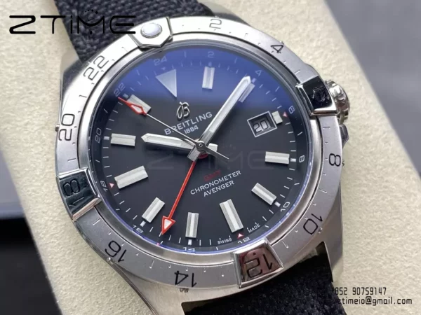 Breitling Avenger Automatic GMT 44 BLS Factory 1:1 Best Edition Black Dial Red GMT Black Nylon Strap - Super Clone Watch | 1:1 Best Version