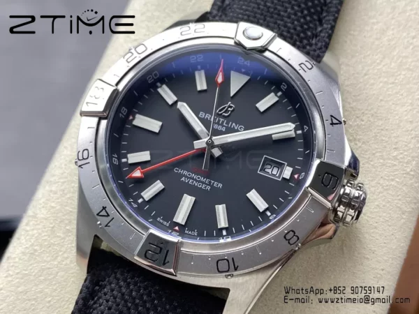 Breitling Avenger Automatic GMT 44 BLS Factory 1:1 Best Edition Black Dial Red GMT Black Nylon Strap - Super Clone Watch | 1:1 Best Version