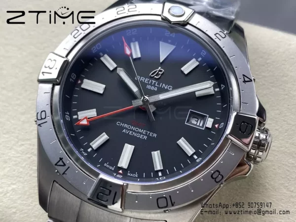 Breitling Avenger Automatic GMT 44 BLS Factory 1:1 Best Edition Schwarzes Zifferblatt Rot Gmt SS Armband - Super Clone Watch | 1:1 Best Version