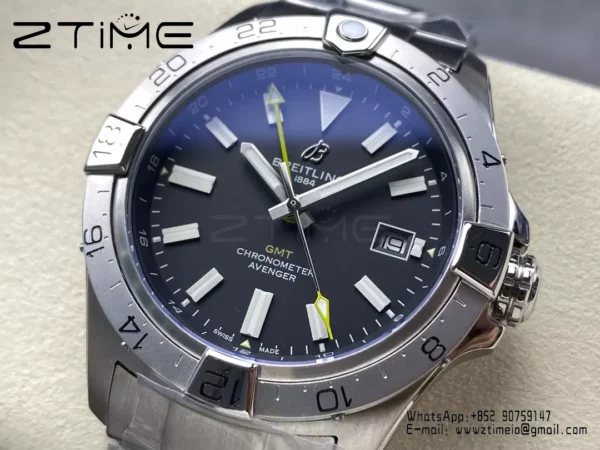 Breitling Avenger Automatic GMT 44 BLS Factory 1:1 Best Edition Black Dial SS Bracelet - Super Clone Watch | 1:1 Best Version