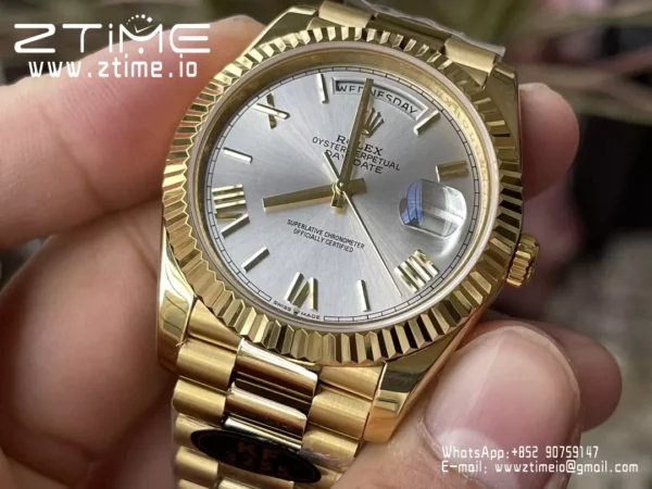 Rolex Day Date 40 YG 228238 KF 1:1 Best Edition Silver Roman Dial (Gain Weight) - Super Clone Watch | 1:1 Best Version