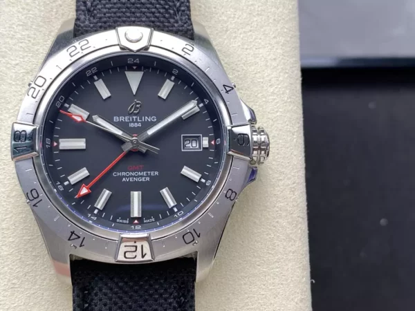 Breitling Avenger Automatic GMT 44 BLS Factory 1:1 Best Edition Black Dial Red GMT Black Nylon Strap - Super Clone Watch | 1:1 Best Version