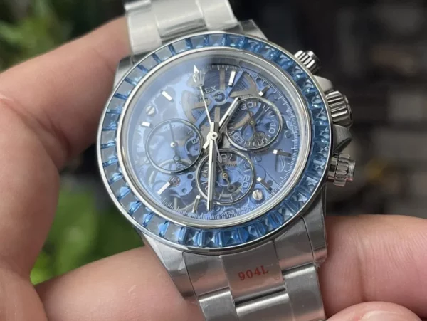 Rolex Daytona Arolla SONIC Best Edition Blue Crystal Skeleton Dial Diamonds Bezel - Super Clone Watch | 1:1 Best Version