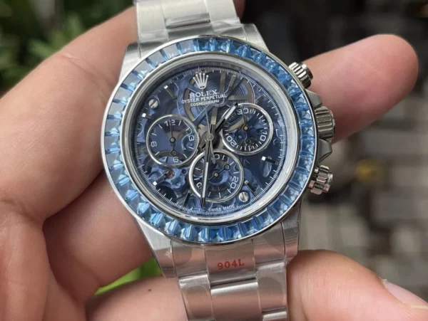Rolex Daytona Arolla SONIC Best Edition Blue Crystal Skeleton Dial Diamonds Bezel - Super Clone Watch | 1:1 Best Version
