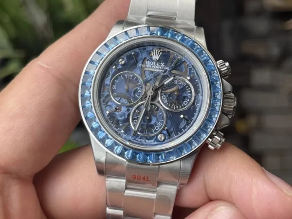 Rolex Daytona Arolla SONIC Best Edition Blue Crystal Skeleton Dial Diamonds Bezel - Super Clone Watch | 1:1 Best Version