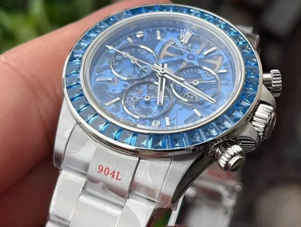 Rolex Daytona Arolla SONIC Best Edition Blue Crystal Skeleton Dial Diamonds Bezel - Super Clone Watch | 1:1 Best Version