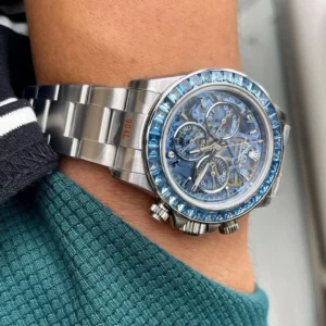 Rolex Daytona Arolla SONIC Best Edition Blue Crystal Skeleton Dial Diamonds Bezel - Super Clone Watch | 1:1 Best Version