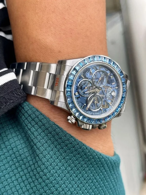 Rolex Daytona Arolla SONIC Best Edition Blue Crystal Skeleton Dial Diamonds Bezel - Super Clone Watch | 1:1 Best Version