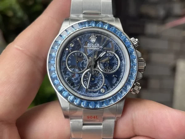 Rolex Daytona Arolla SONIC Best Edition Blue Crystal Skeleton Dial Diamonds Bezel - Super Clone Watch | 1:1 Best Version