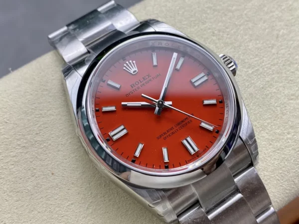 Rolex Oyster Perpetual 126000 36mm VSF 1:1 Best Edition 904L Steel Red Dial on SS Bracelet - Super Clone Watch | 1:1 Best Version