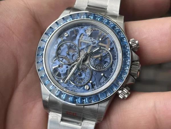Rolex Daytona Arolla SONIC Best Edition Blue Crystal Skeleton Dial Diamonds Bezel - Super Clone Watch | 1:1 Best Version