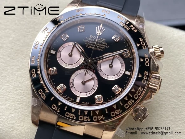 Rolex Daytona 126515 QF 1:1 Best Edition Black/RG Diamonds Dial on Oysterflex Strap SH4131 V11 (Weighted) - Super Clone Watch | 1:1 Best Version