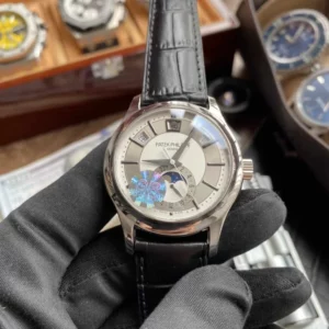 Patek Philippe Annual Calendar 5205G-010  40mm SS GRF 1:1 Best Edition White Dial on Black Leather Strap A324 V2 - Super Clone Watch | 1:1 Best Version
