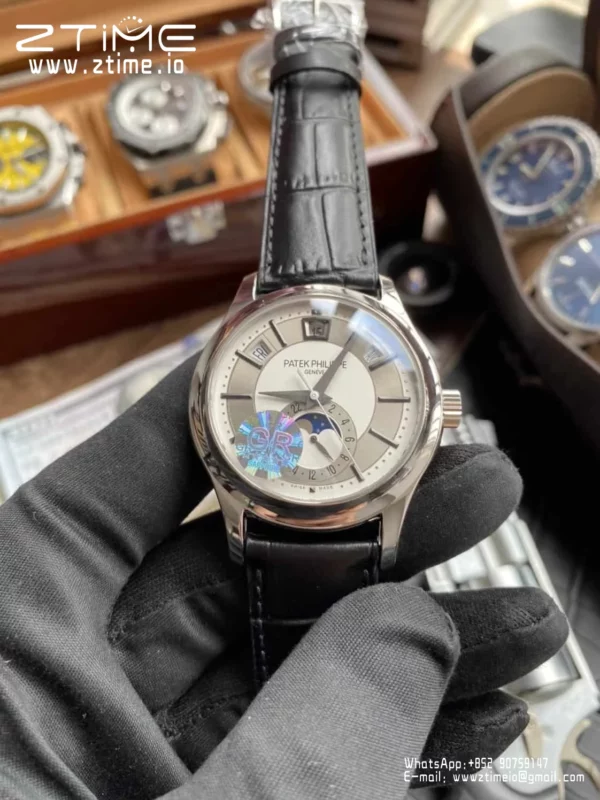 Patek Philippe Annual Calendar 5205G-010  40mm SS GRF 1:1 Best Edition White Dial on Black Leather Strap A324 V2 - Super Clone Watch | 1:1 Best Version